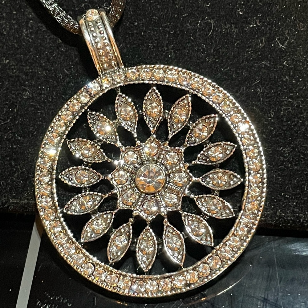NWT Sunflower crystal pendant with black satin cord by My Creations 18 - 20”